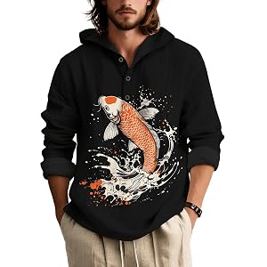 Mens Long Sleeve Hooded Button Down Shirt Relaxed Fit Lightweight Botanical Print Beach Vacation Top