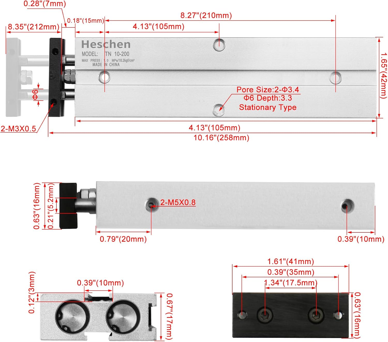 Heschen Double-Acting Pneumatic Air Cylinder, TN10-200, Bore 10mm, Stroke 200mm, Double-Rod Aluminum, with Magnet,for The Automatic Equipment