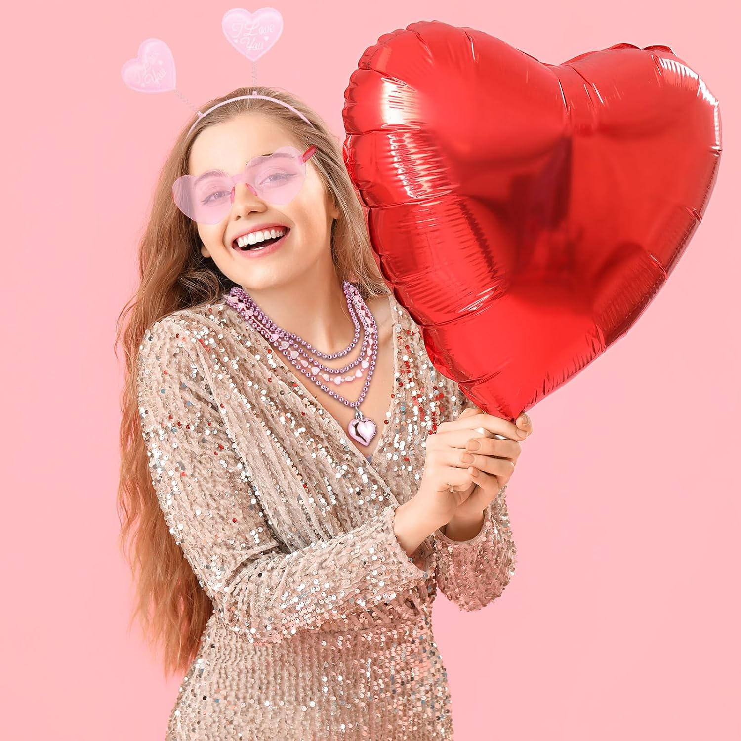 Kanayu 36 Pcs Valentine's Day Accessories Set Include 12 Heart Headbands 12 Glasses and 12 Heart Beaded Necklace for Valentine Props Party Costume Supplies Accessory (Pink)