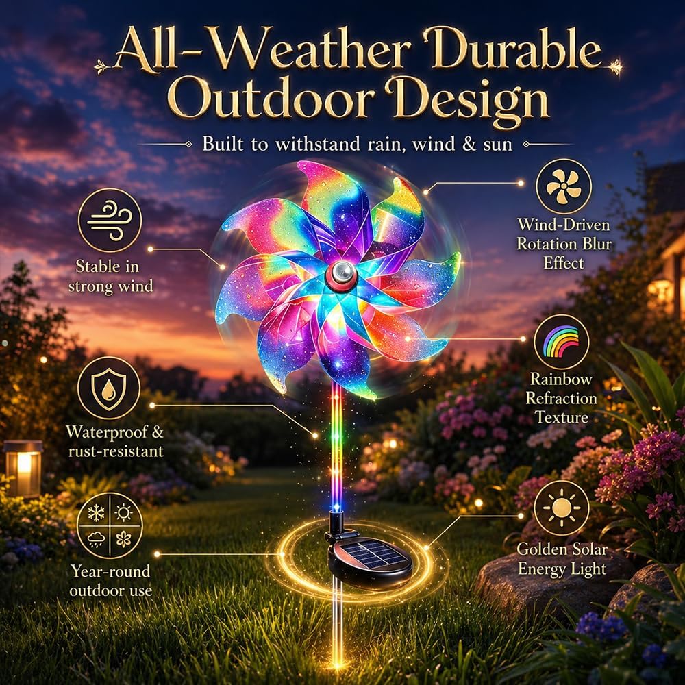 Magical Holographic Rainbow Solar Pinwheel Lights to Bring Fairy Tales to Your Yard, Outdoor Rotating LED Garden Decor for Yard Lawn Pathway Patio Waterproof (10Pcs)