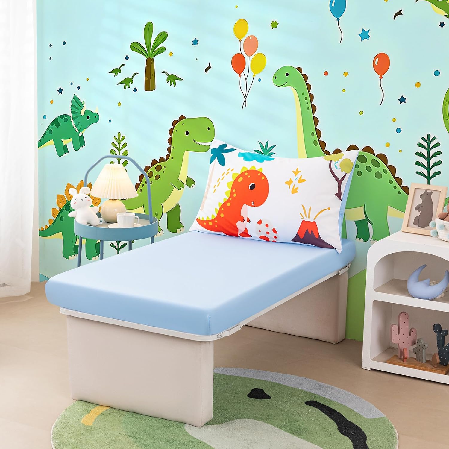 Dinosaurs Toddler Bedding Set for Boys, 4-Piece Colorful Cartoon Crib Bed Set Including Comforter, Fitted Sheet, Flat Top Sheet and Pillowcase, Dinosaur Bed in A Bag for Baby Bedroom