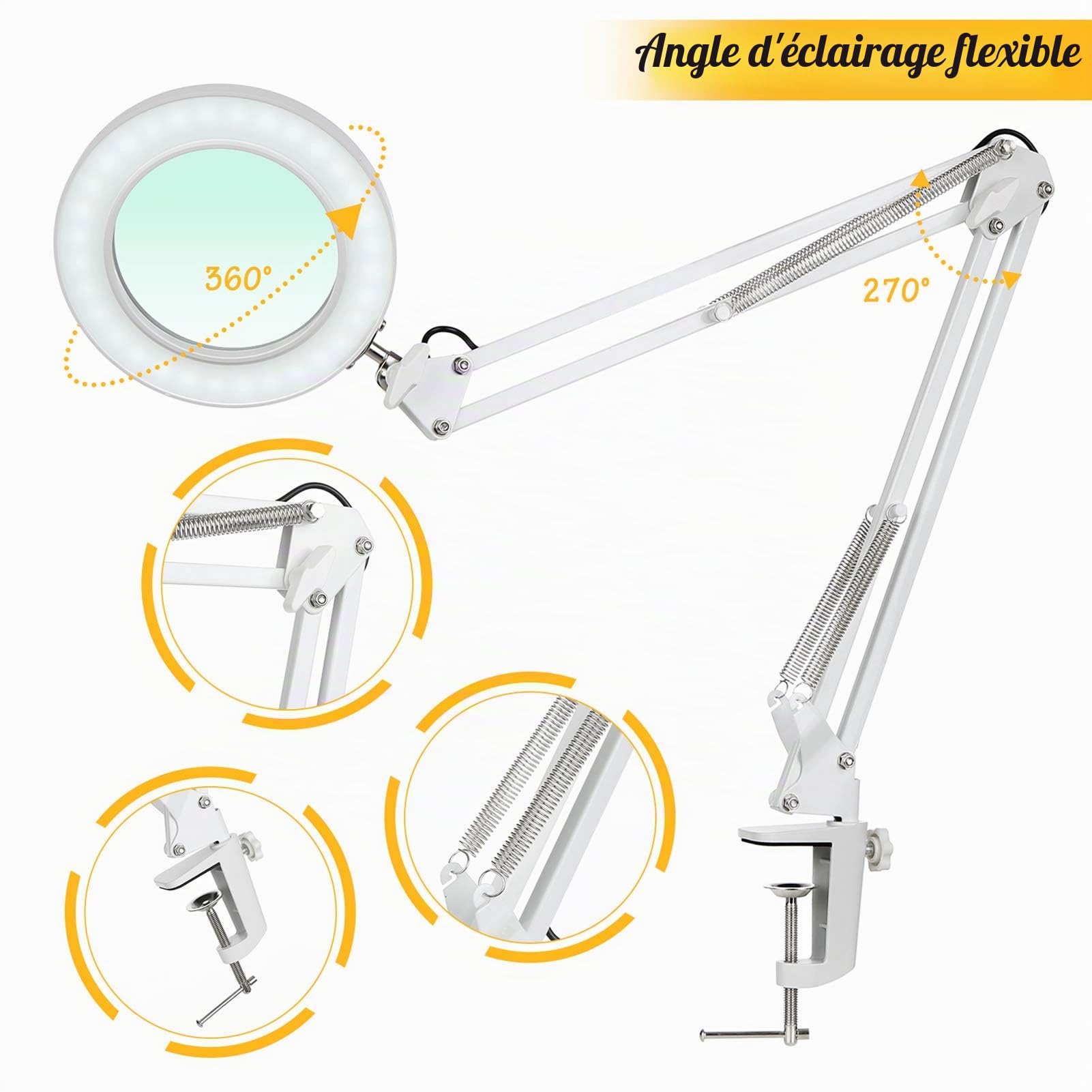 Lampe de table flexible grande blanche avec pince, équipée d'une loupe 8X et d'un bras orientable, LED dimmable, 3 modes de couleur et 10 niveaux de luminosité, idéale pour la lecture et le travail