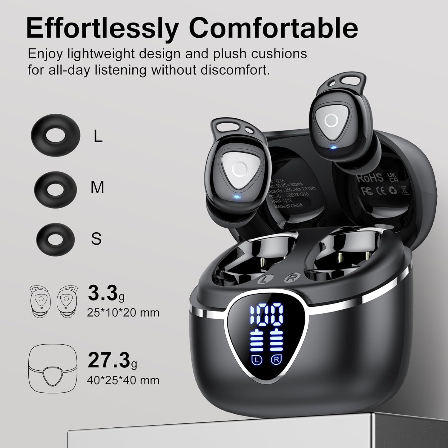 Wireless Earbuds, 2026 Bluetooth Headphones In Ear with 4 ENC Noise Cancelling, 40H Mic Clear Calls Bluetooth earphones, Deep Bass IP7 Waterproof Mini Ear Buds, USB-C Comfortable for Sport,Work Black — view 7