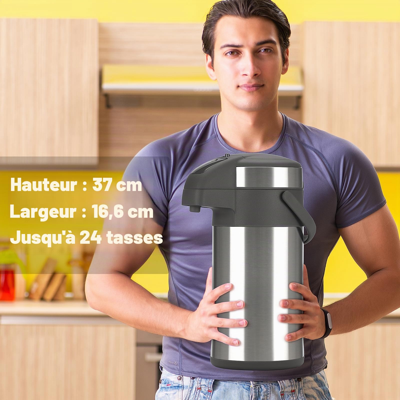 Cafetière isotherme à pompe de 4 l - En acier inoxydable - Double paroi - Avec mécanisme de pompe - Carafe à café pour 24 tasses - Argenté