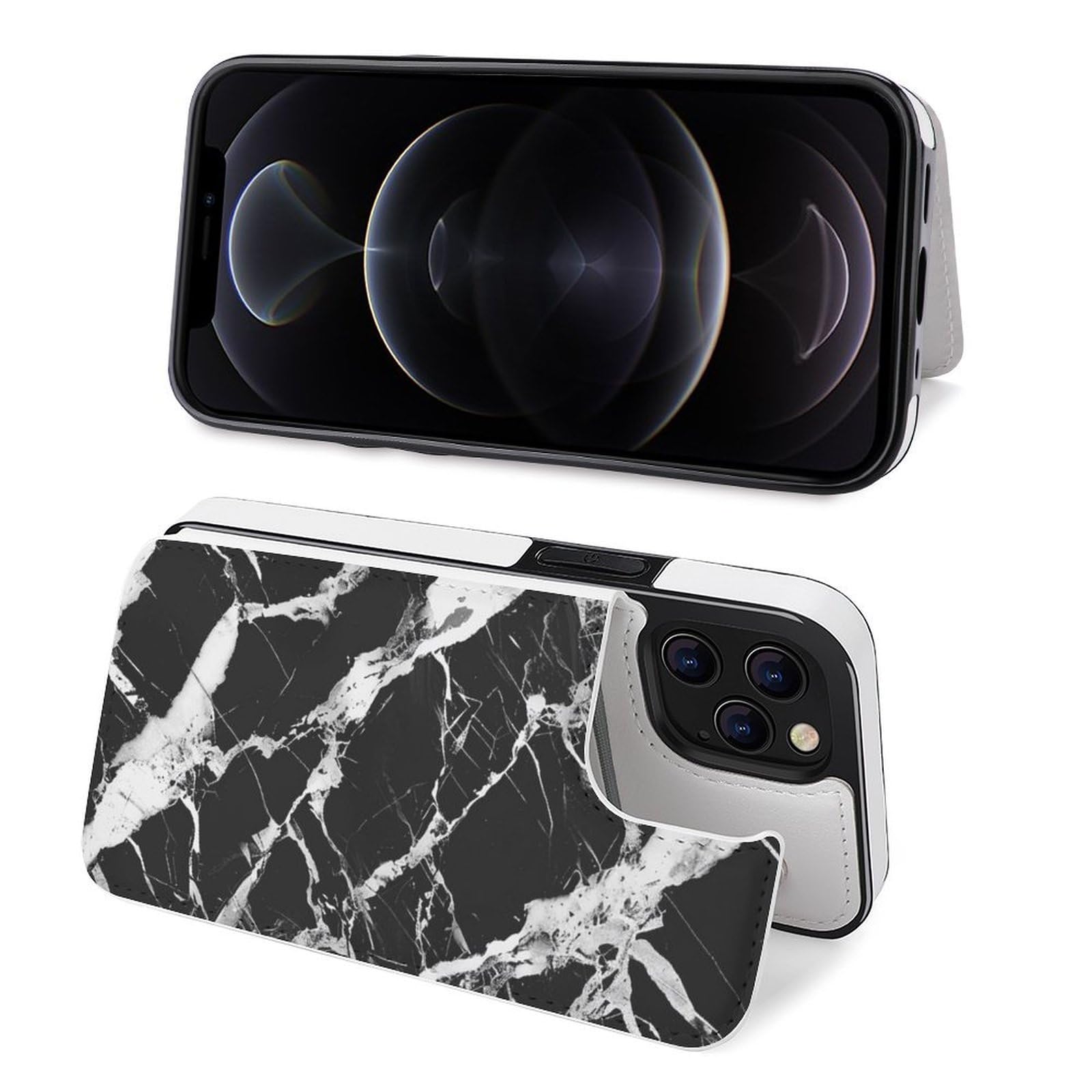 Fundas tipo cartera para iPhone 12 Pro Max, con estampado de mármol blanco y negro, funda de piel con ranuras para tarjetas