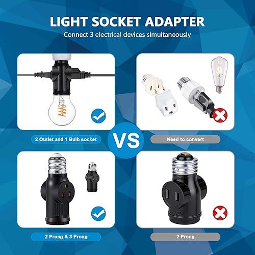 Miniatura 5 de 2 adaptadores de enchufe de luz de 3 clavijas, convertidor de enchufe de bombilla negra polarizada, bombillas E26E27 a enchufe de 23 clavijas,