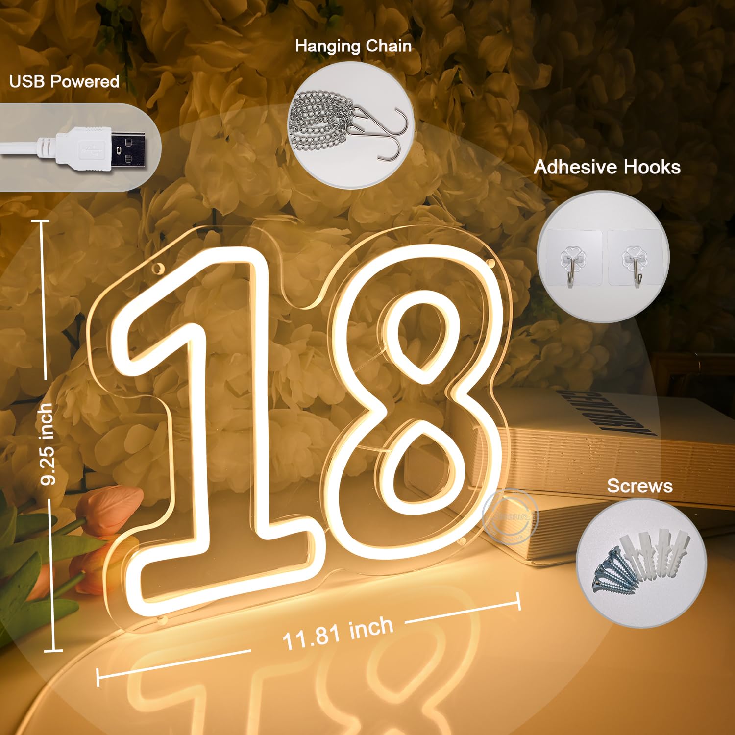 Britrio insegna al neon per 18° compleanno, decorazione sfondo, luce LED al neon per 18 anni, compleanno, anniversario, festa, decorazione da parete, banner, accessori per ragazza e ragazzo, numero e