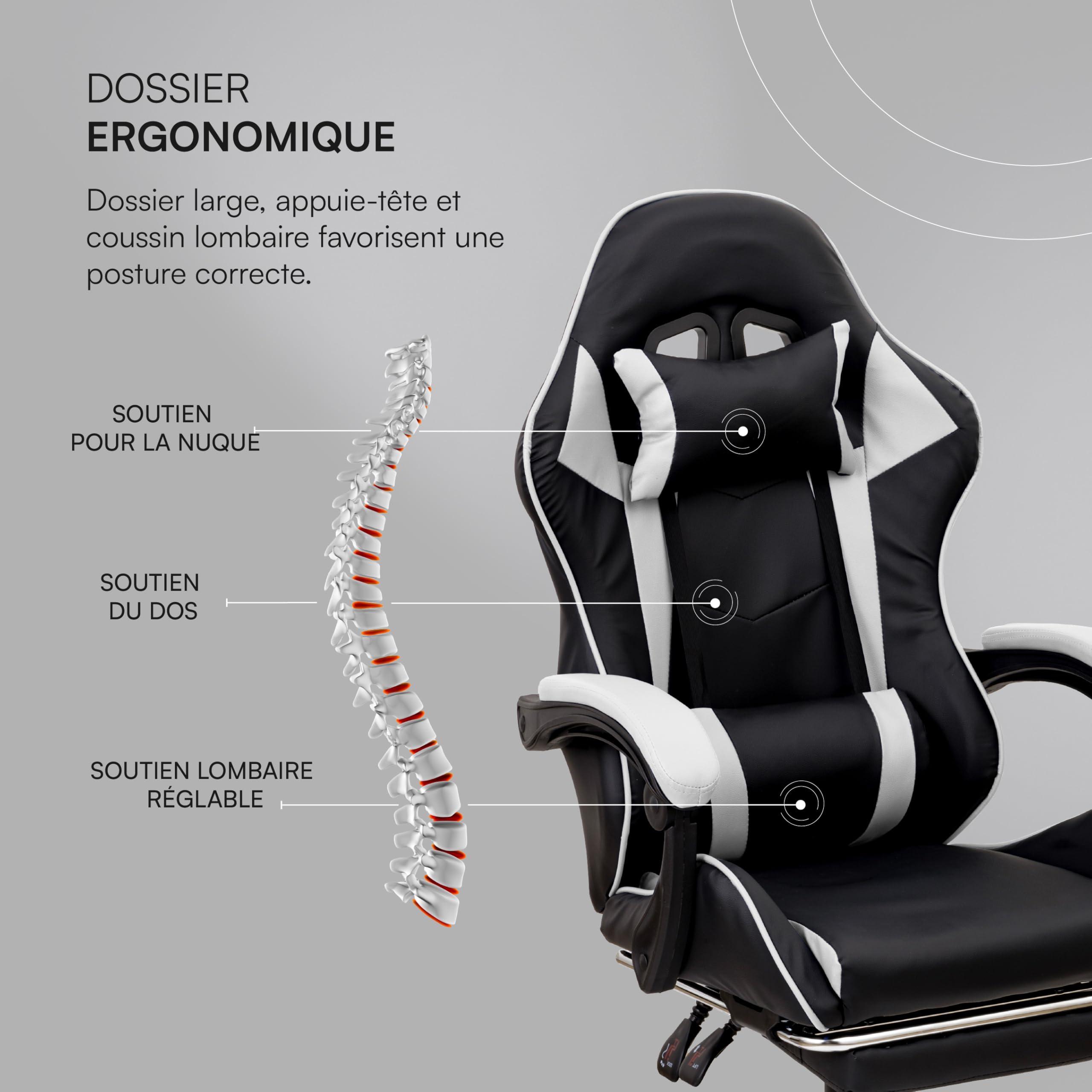 Baroni Home Chaise Gaming avec Dossier Ergonomique Reclinable et Hauteur Ajustable, Chaise de Bureau avec Support Lombaire, Repose-tête Mousse et Repose-Pieds Extractible, Blanc, 58x66x114-124 cm
