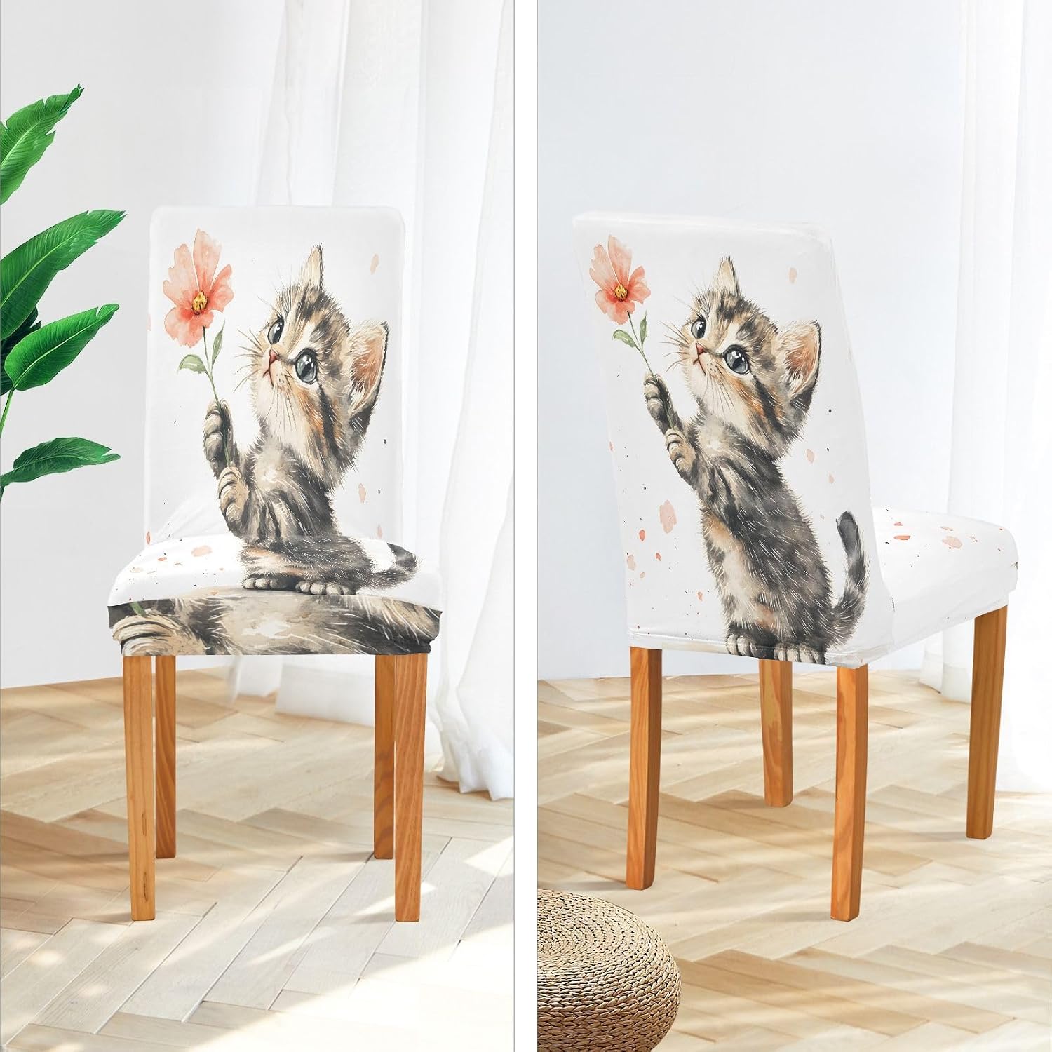 ALAZA Chair Covers for Dining Room, Flower Cat Watercolor Stretch Chair Cover Sets Chair Protector Removable Washable for Ktichen Restaurant Hotel