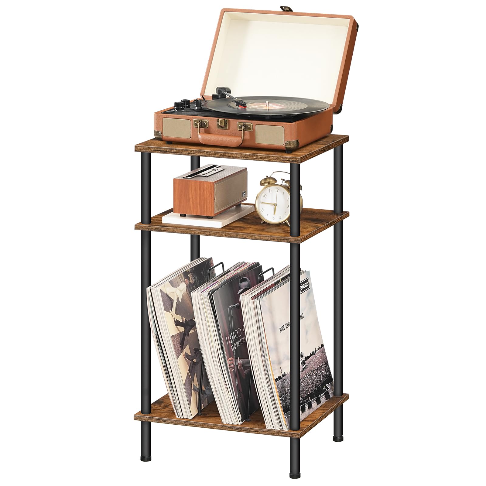 HOOBRO Mueble Tocadiscos de 3 Niveles, Mesa para Discos de Vinilo con Separador Extraíble, para Discos, Mesa Auxiliar de Estilo Industrial, para CD, Álbumes, Marrón Rústico y Negro EBF02RS01