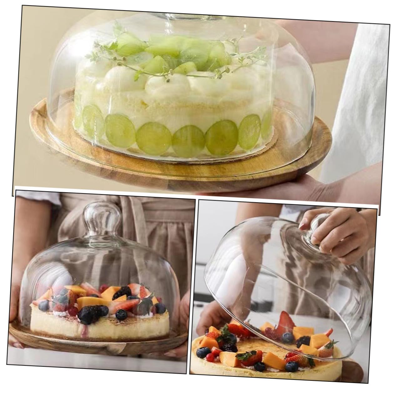CLISPEED Bandeja de Madera Acacia 25 Cm Cúpula de Vidrio Transparente, Soporte para Pasteles y Postres, Bandeja de Exhibición para Repostería, Adecuado para Cocina y Eventos