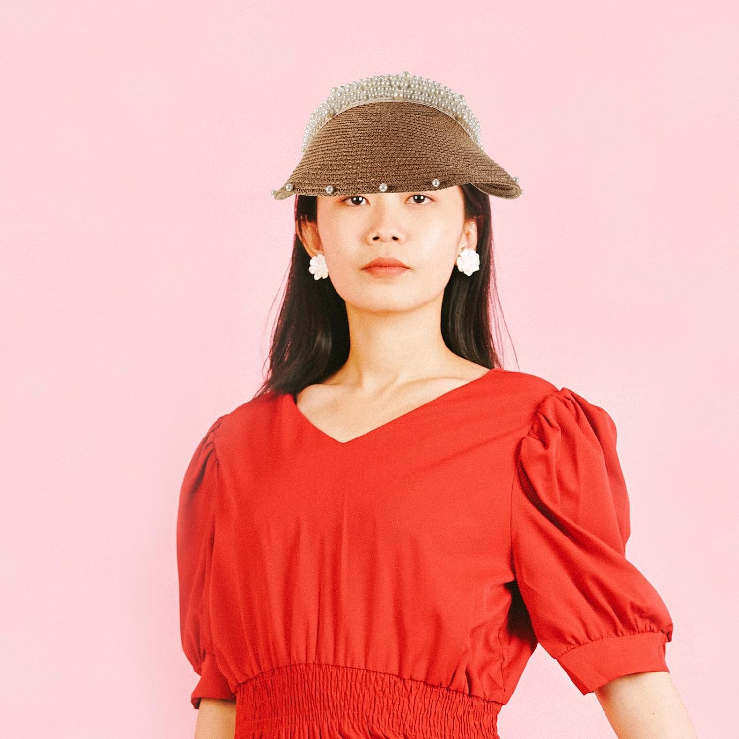 Pearl Embellished Straw Sun Visor Hat for Women Wide Brim Uv Protection Summer Beach Hat with Ponytail Opening - Image 8