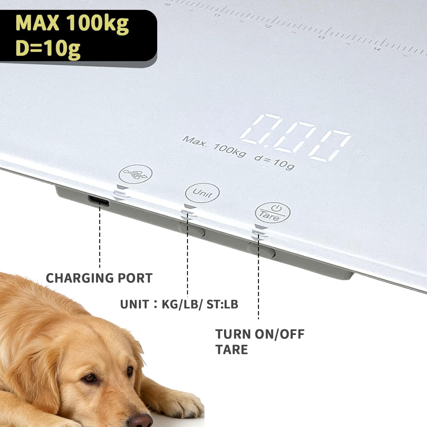 Báscula digital para mascotas para perros y gatos, gran báscula para perros, máx. 220 libras, versión recargable, 3 modos de pesaje libras, kg, st, precisión 10 g, 27,16 x 12,99 pulgadas