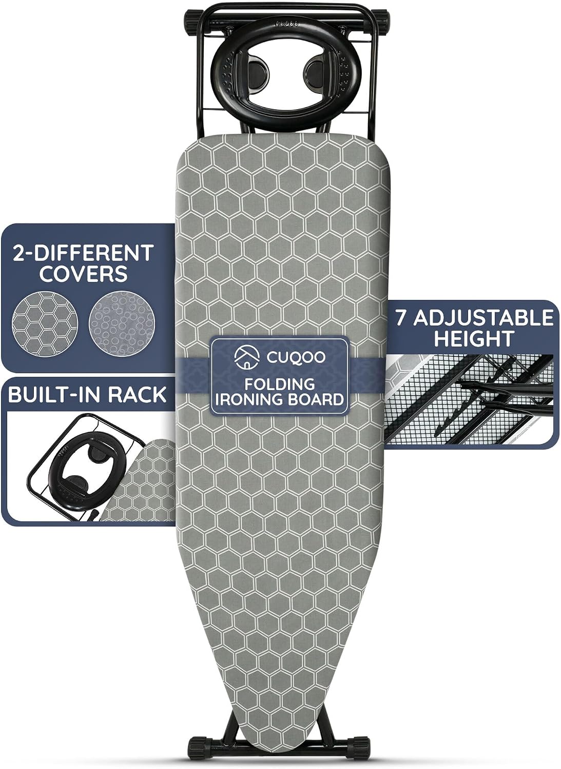 CUQOO folding ironing board with 122 x 38cm white hexagonal top and iron rest