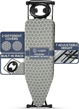CUQOO Ironing Board 122x38cm with 2 Covers   Stable Folding Board, Adjustable Height, Anti-Slip Feet & Iron Rest, Heavy Duty Laundry Board