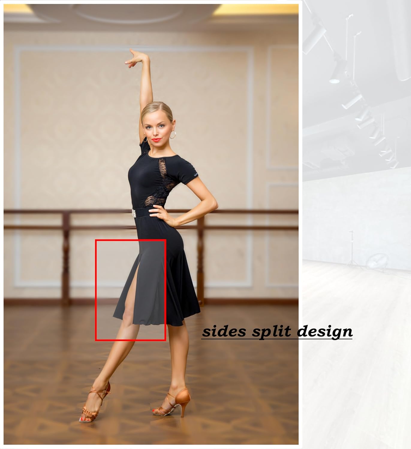 Superstar Series:G3044 Latin Ballroom Dance Professional lace Sides Split Swing Dress (Note: no Belt is Included)