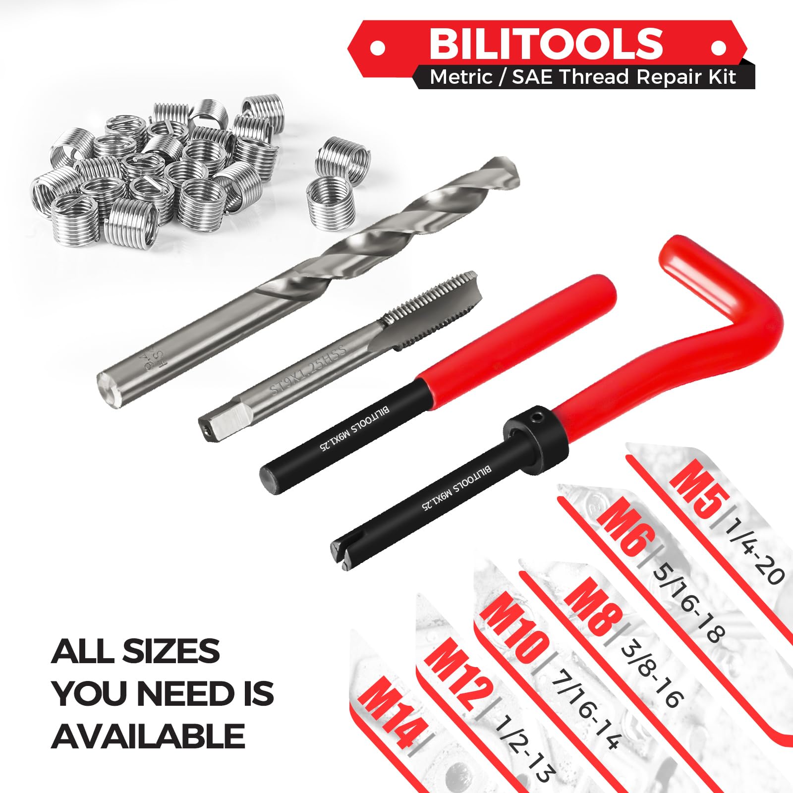 BILITOOLS M9x1.25 Helicoil Thread Repair Kit metrico, HSS Drill Heli Coil Kit di riparazione