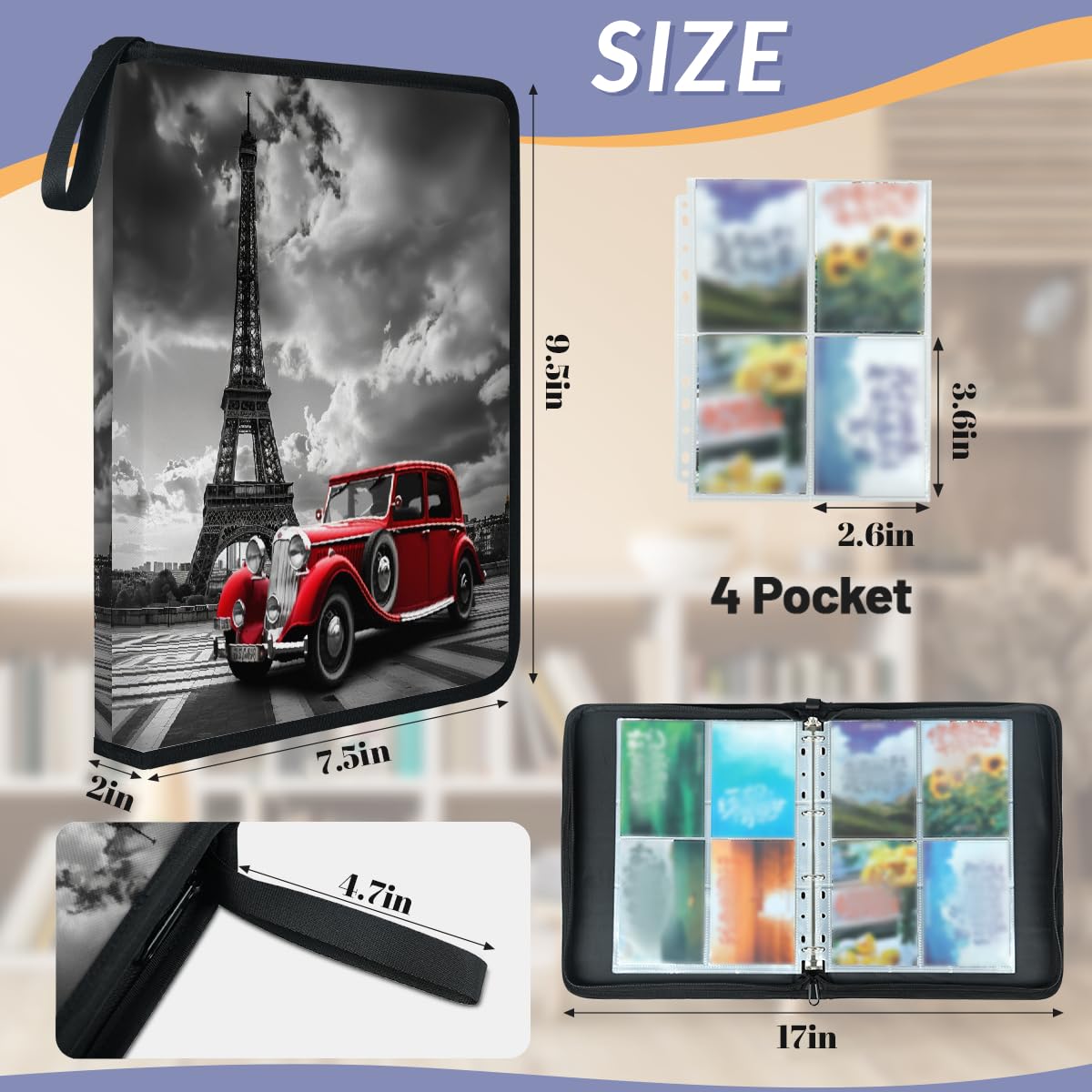 Carpeta para tarjetas coleccionables de 4 bolsillos, diseño de la Torre Eiffel de París, con fundas extraíbles, impermeable, con cremallera, capacidad para 50 páginas y 400 tarjetas