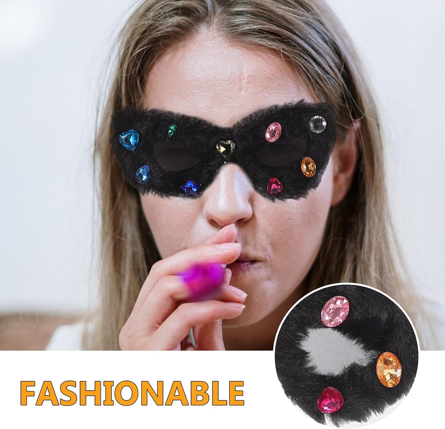 Furry Cat Ear Sunglasses for Women with Rhinestones Black Plush Party Festival Eyewear Fashionable Novelty Sun Glasses