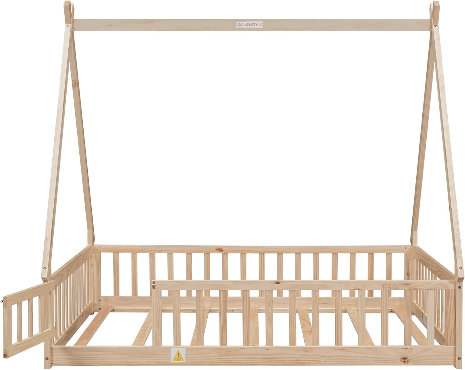 Full Size Floor Bed Tent with Guardrails Slats – Natural Wood Design, 1 Door for Bedroom, Safe Stylish Kids Adult Sleeping Solution (1 Doors)