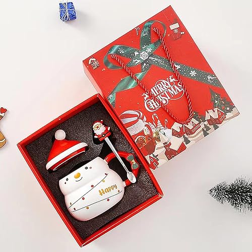 Miniatura 5 de Taza de Navidad con caja de regalo de Navidad, tapa y cuchara, de 16 onzas, de cerámica, lindo muñeco de nieve, tazas de café de Navidad, regalo de