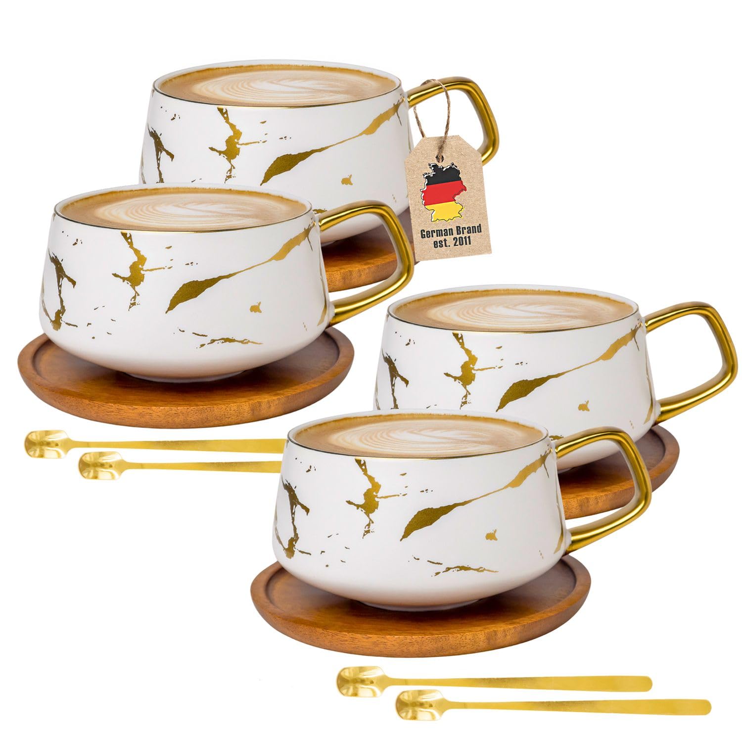 INTIRILIFE Tassen Set 4er – Keramiktassen im Marmor Design Weiß mit Gold – 200 ml bis 300 ml – Kaffeetassen mit Holzuntersetzer – Teetassen Geschenkidee für Kaffee Tee Kakao Milch-Trinkbecher