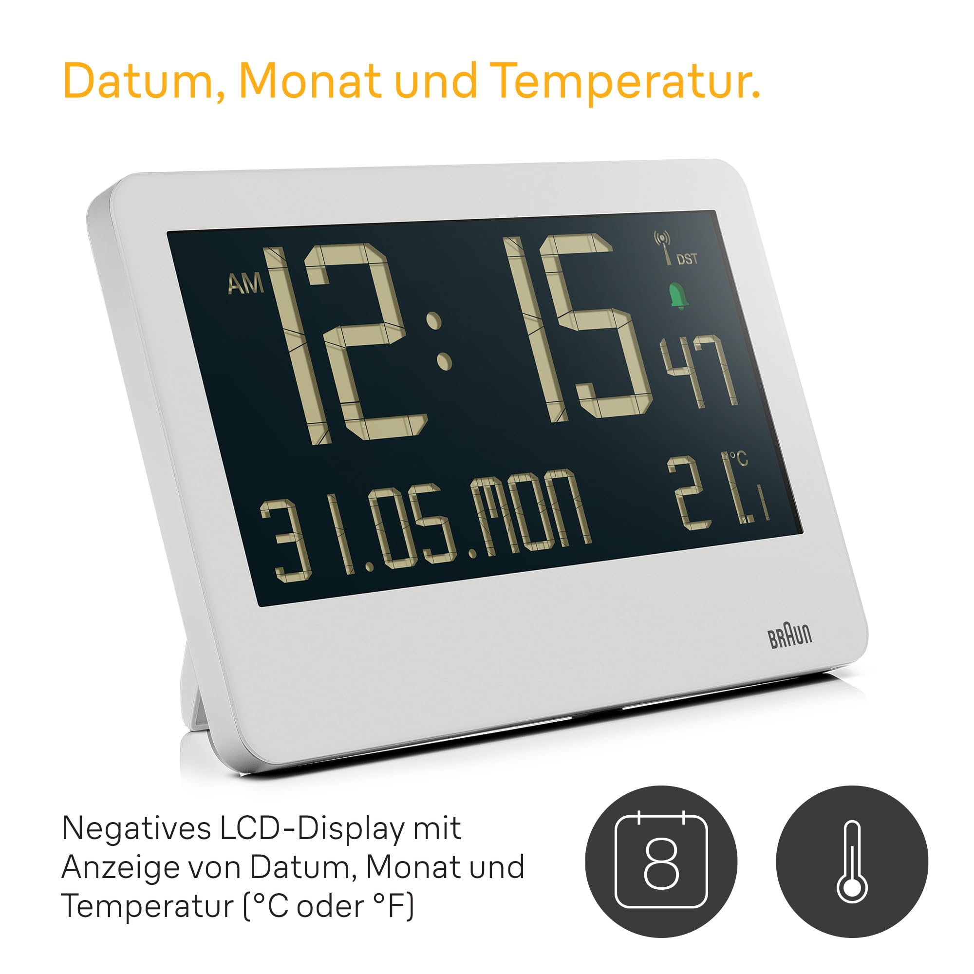 Braun Central European Time Zone (DCF) Digitale Funkwanduhr mit Innentemperatur, Datum, Wochentag, großem umgekehrtem LCD-Display, Crescendo-Piepton-Alarm in Weiß, Modell BC14W-DCF.