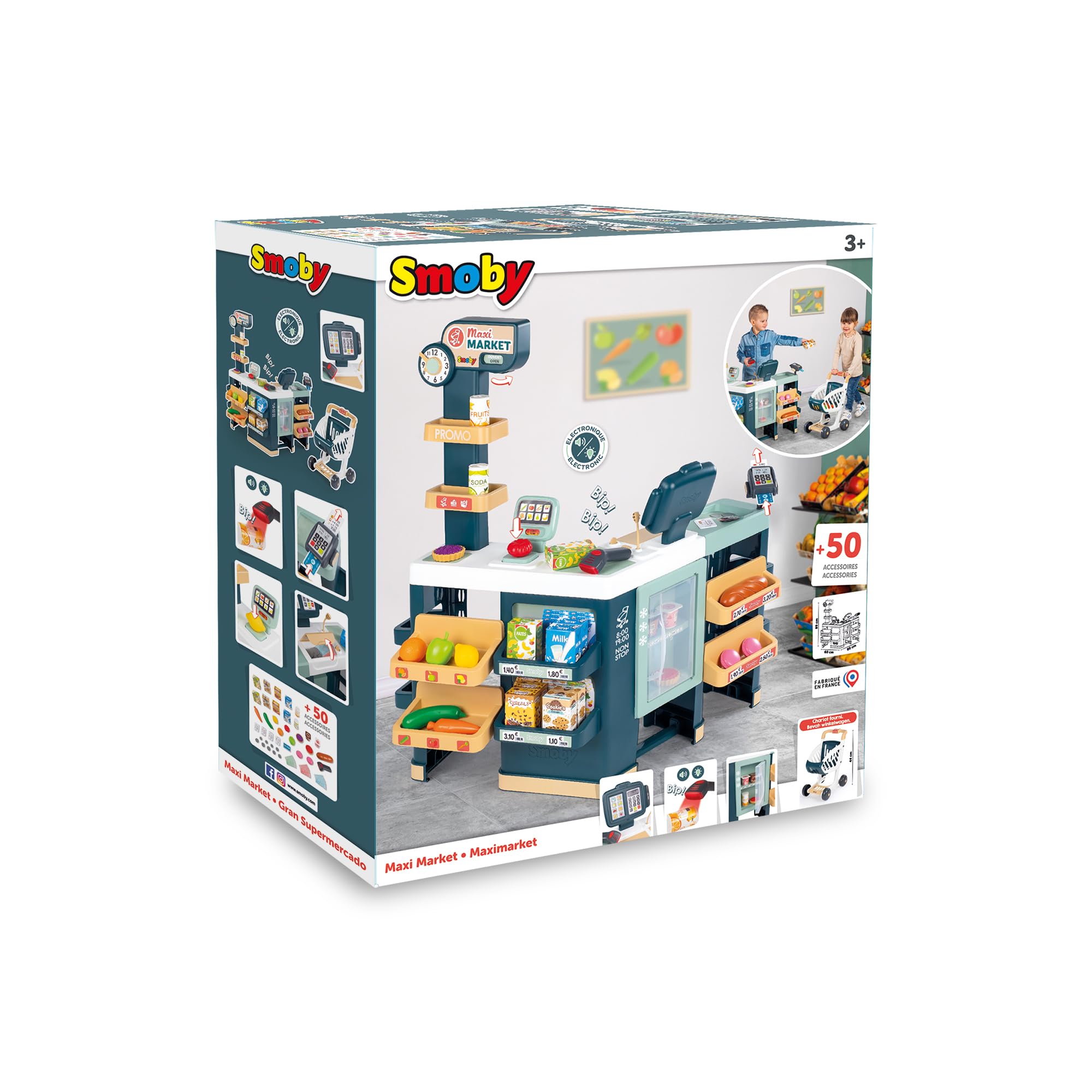 Smoby - Maxi Market - Supermarket dla dzieci - Wózek, półki, pudełka, warzywa, owoce - Strefa chłodnicza - Liczne akcesoria - Od 3 lat - Wyprodukowano we Francji