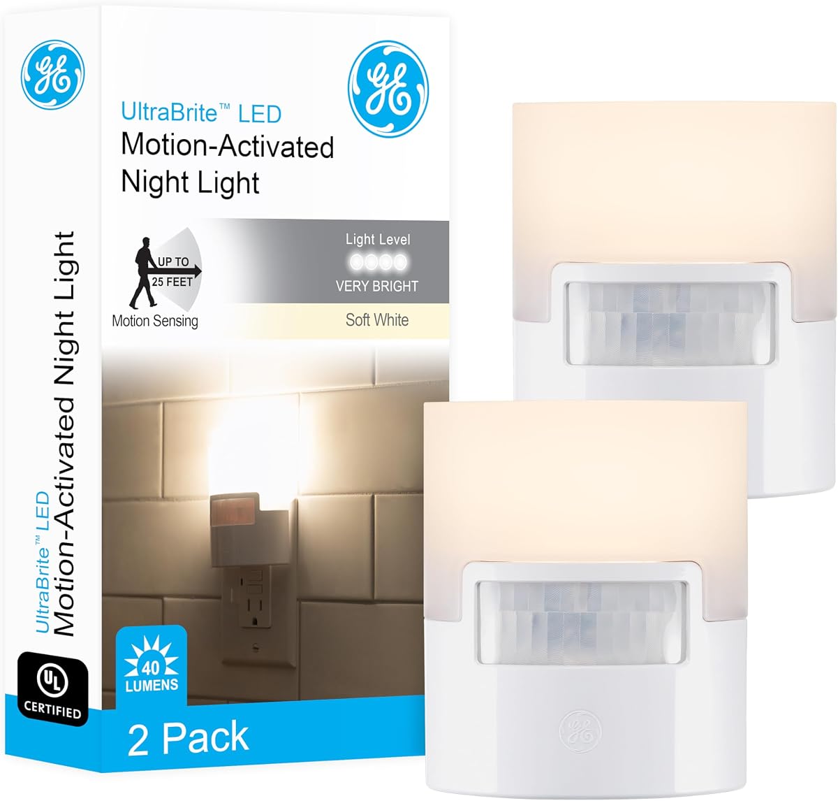 LED Motion Sensor Night Light, Plug into wall, 40 Lumens | Soft White, UL-Certified, Energy Efficient, Ideal Nightlight for Bedroom, Bathroom, Kitchen, Hallway, 46632, White, 2 Pack