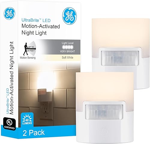 GE, 40 lúmenes, luz nocturna LED iluminar, sensor de movimiento, paquete de 2, enchufable, listado UL, ideal para dormitorio, guardería, baño,