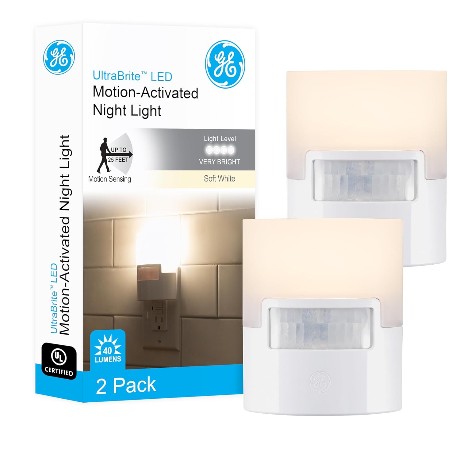 GE LED Motion Sensor Night Light Plug into Wall 40 Lumens Soft White UL-Certified Energy Efficient Ideal Nightlight