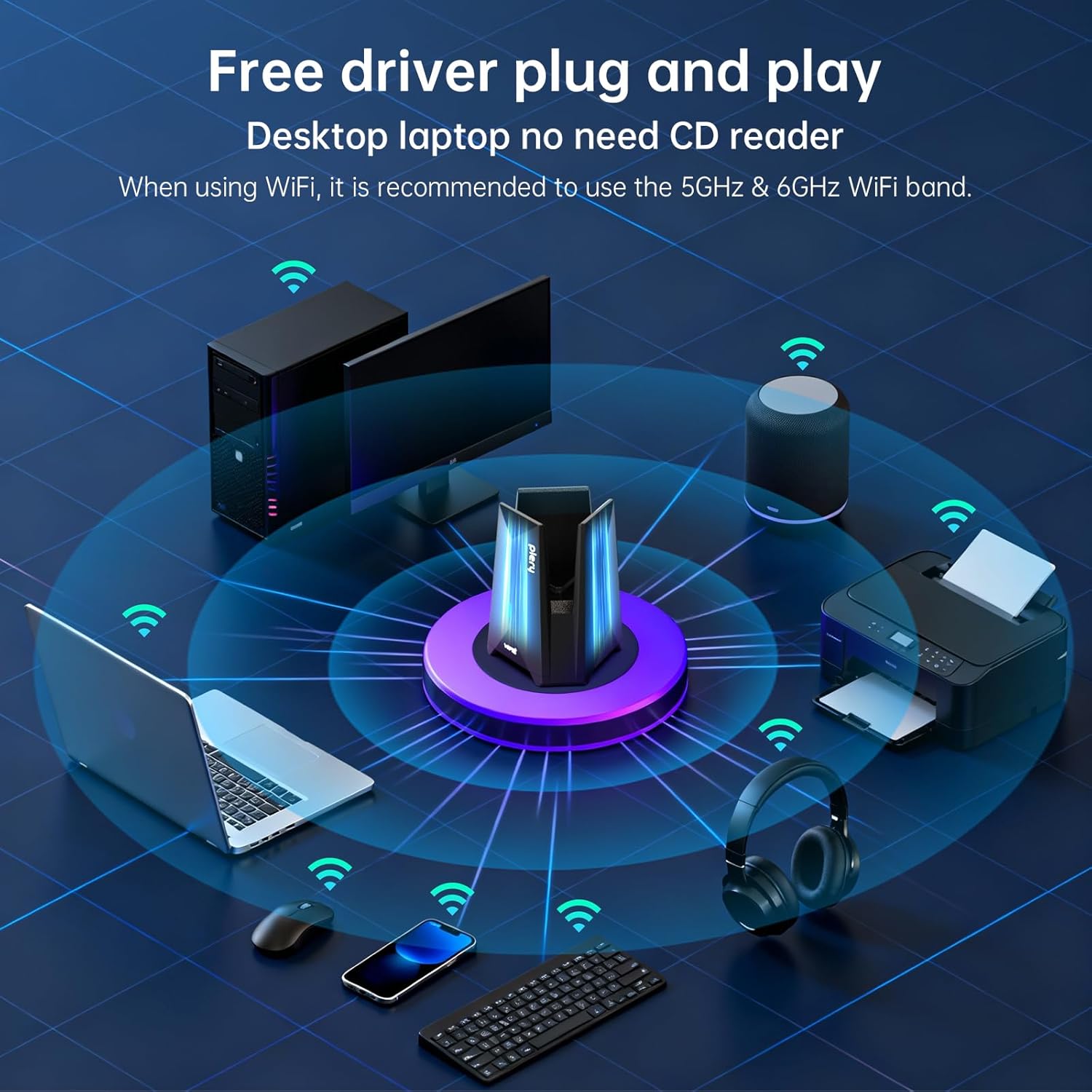 BE6500 USB WiFi 7 Adapter for Gaming 4K Streaming, Tri-Band 6500Mbps Wireless Dongle for Desktop PC with Type-C to USB 3.0, Driver-Free for Home Office & Entertainment, Support Windows 11/10