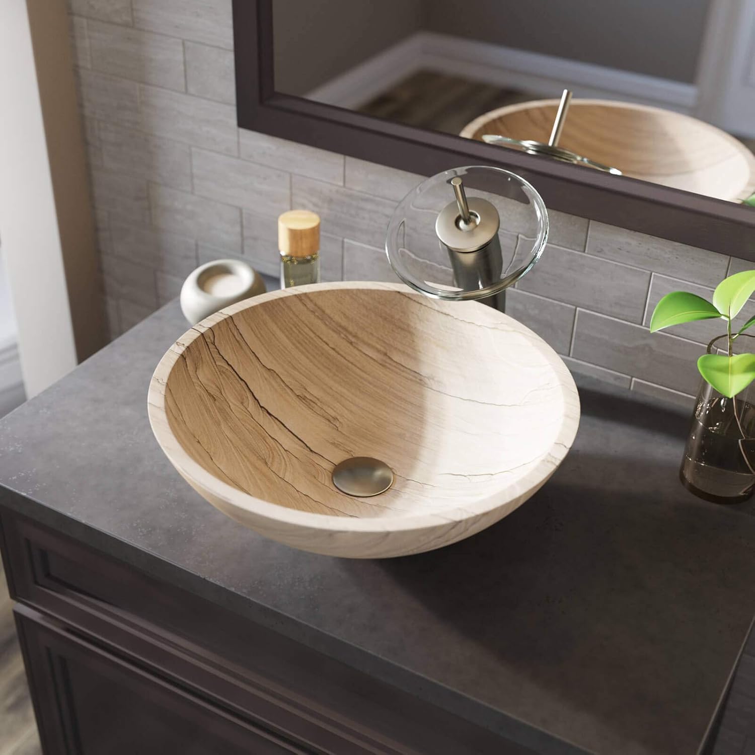 New Arrivals MR Direct 852-726-ABR Stone Vessel Sink in Wood Sandstone with Faucet and Pop-Up Drain in Antique Bronze, 726, Beige