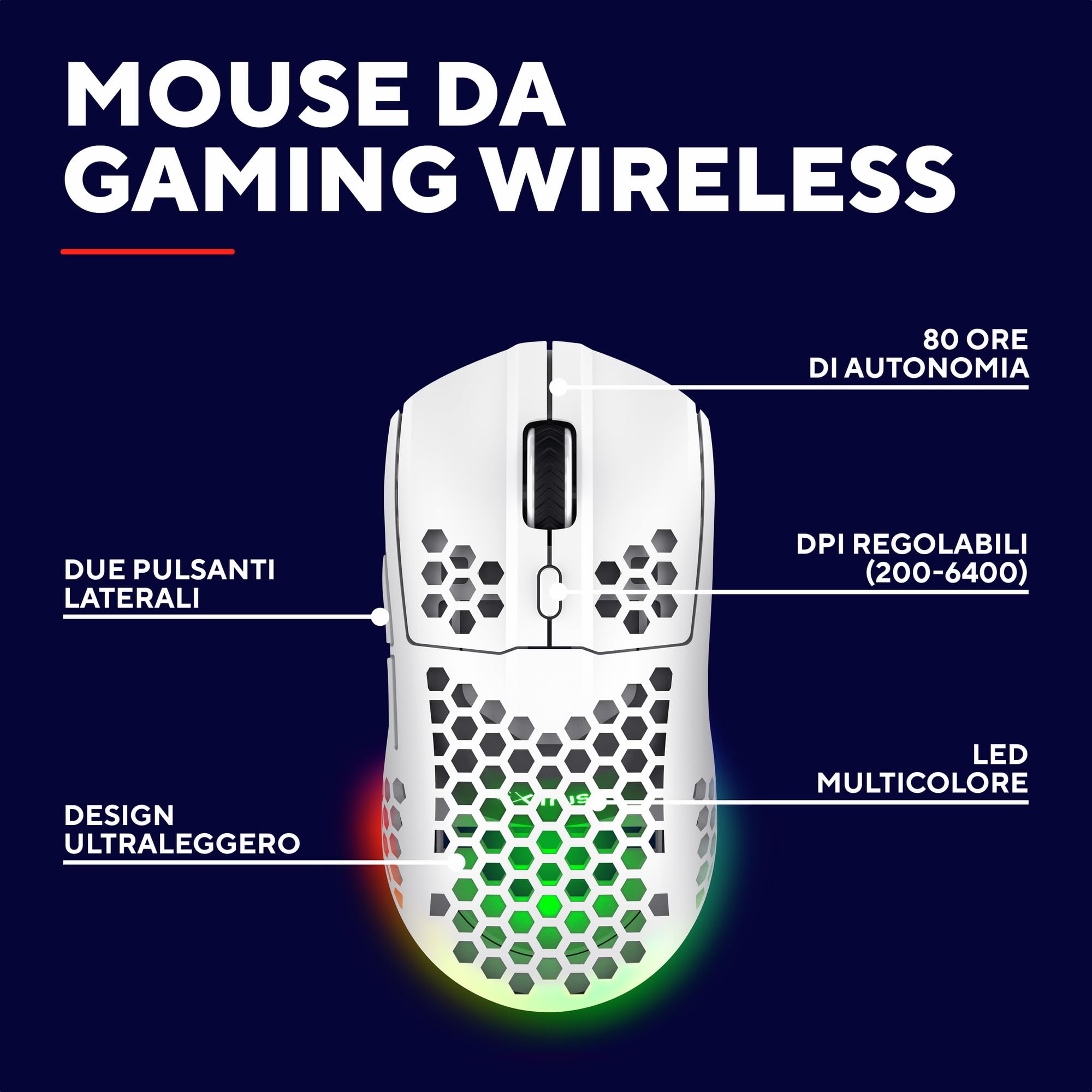 Trust Gaming GXT 929W Helox Mouse Gaming Wireless Superleggero 75g, 80h di Durata Batteria, 2.4GHz Ricevitore USB, Regolazione DPI (800-4800), Illuminazione LED, Mouse Wireless Ricaricabile - Bianco