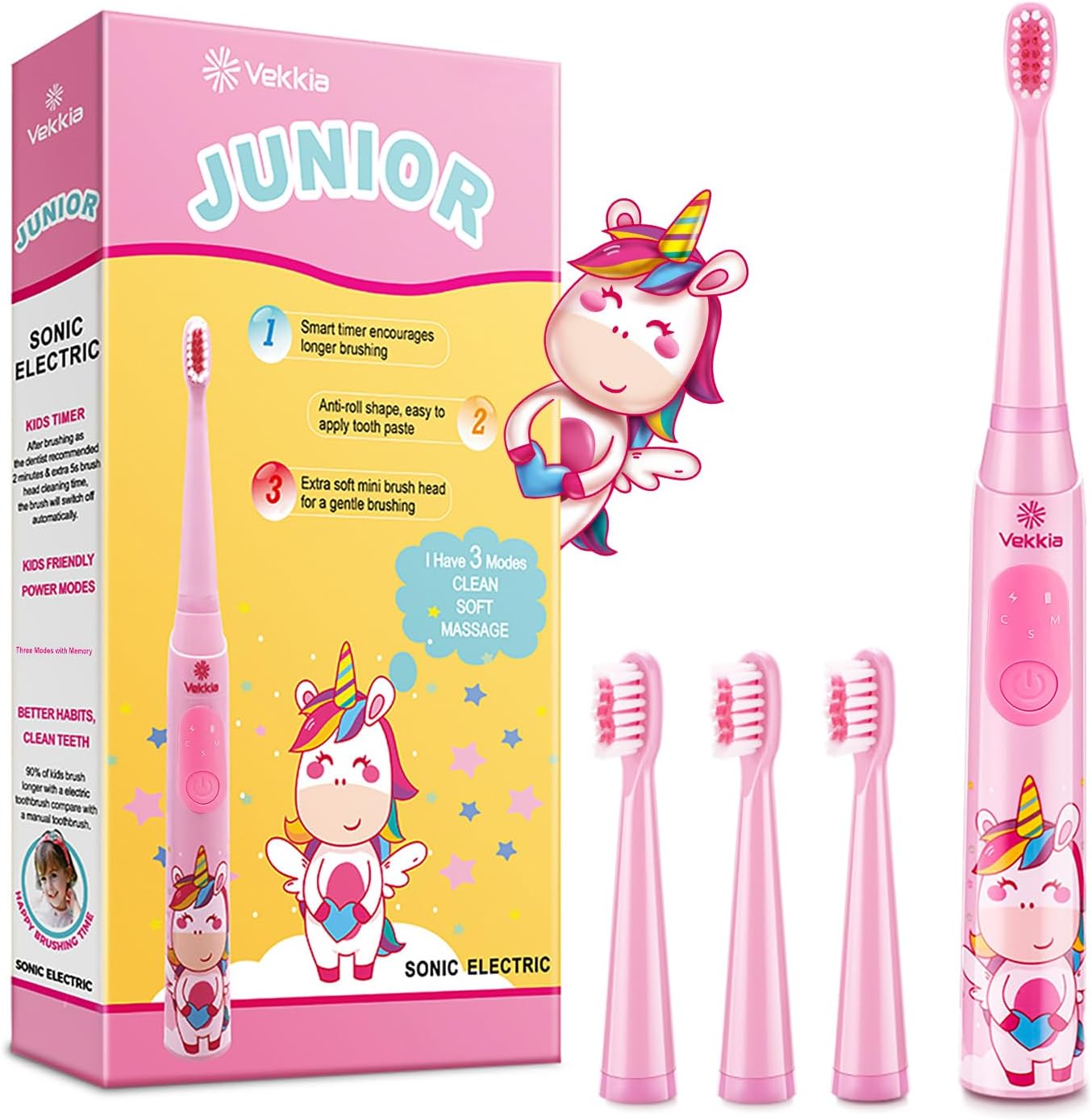 Sonic Rechargeable Kids Electric Toothbrush, 3 Modes with Memory, Fun & Easy Cleaning, 24000 Strokes, IPX7 Waterproof, 2-Min Timer for Age 5+, 4 Soft Bristles(Pink)