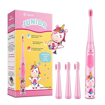 Vekkia Sonic Rechargeable Kids Electric ToothbrushPink | 3 Modes with Memory/Fun & Easy Cleaning/24000 Strokes, IPX7 Waterproof, 2-Min Timer for Age 5+/4 Soft Bristles