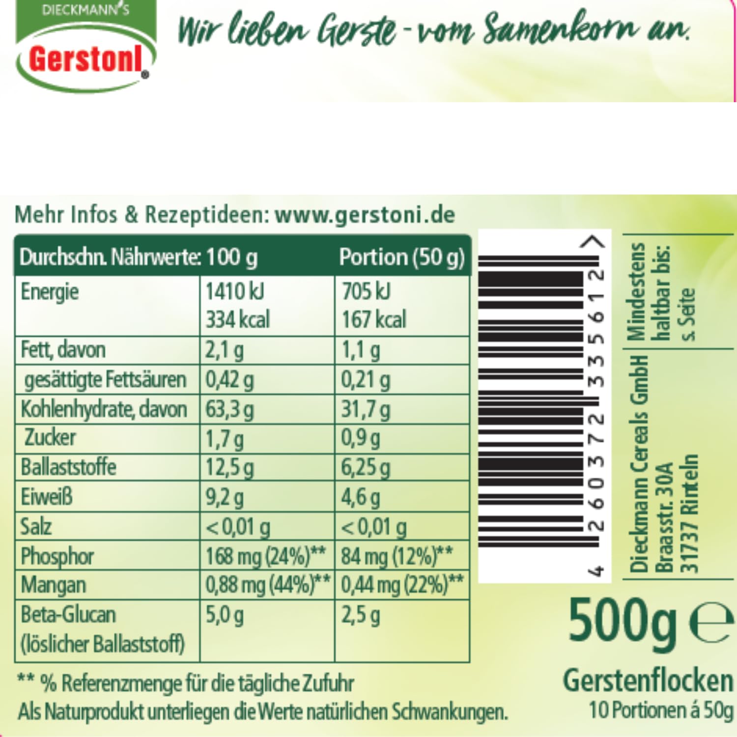 Gerstoni Fitnessflocken kernig (18 x 500g) - mild-nussige Gerstenflocken für Müsli, Porridge, Kochen & Backen - mit 5% pflanzlichem Beta-Glucan für natürliche Fitness & Wohlbefinden