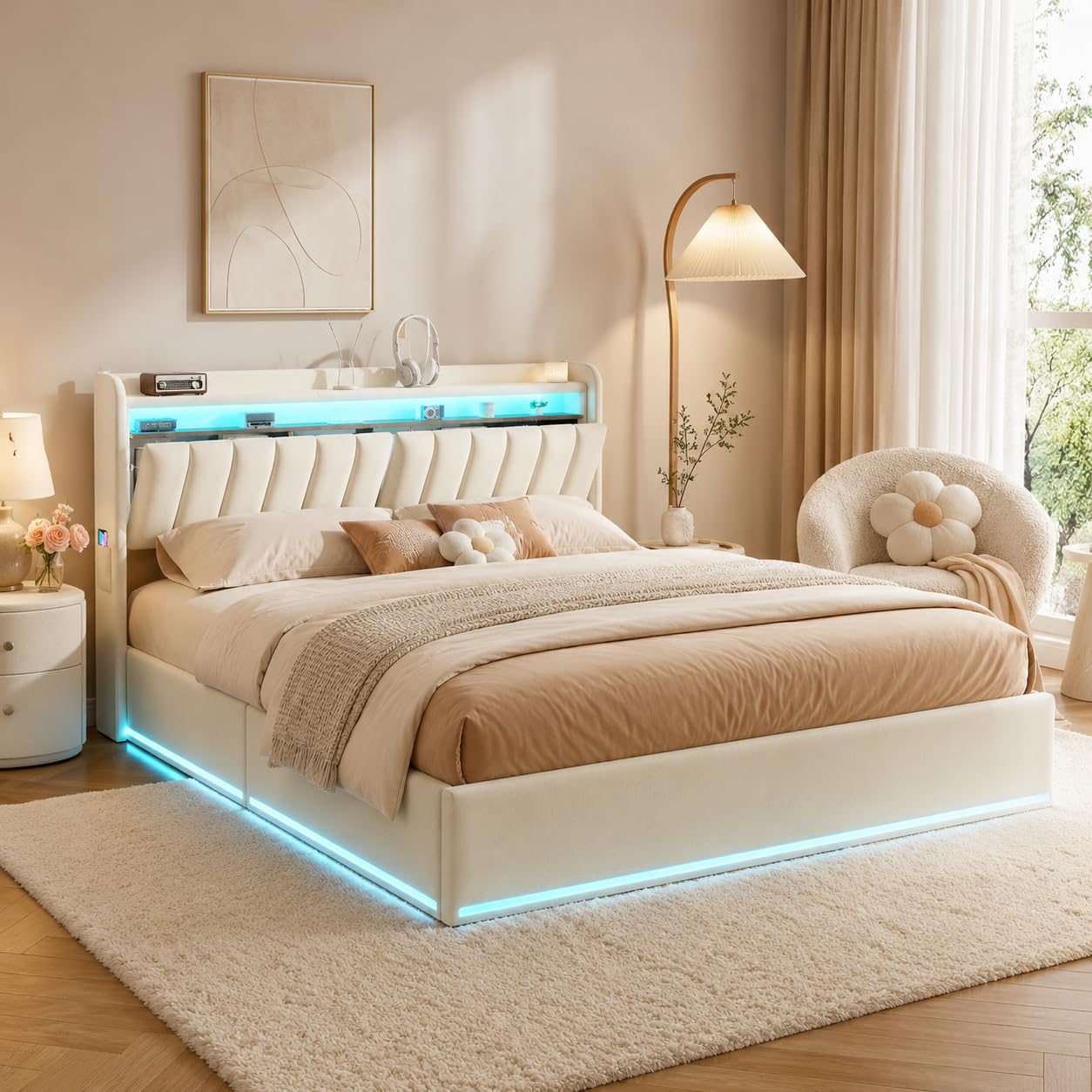 Łóżko tapicerowane 160 x 200 cm, łóżko hydrauliczne z diodami LED i stacją ładującą USB, rama łóżka z stelażem z listew i zagłówkiem, łóżko małżeńskie dla chłopców bez materaca (beżowe + A, 160 x 200