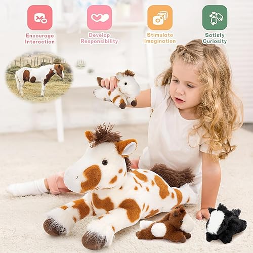Miniatura 5 de MaoGoLan 4 piezas de animales de peluche de caballo, caballo grande moteado de mamá con juguetes de bebés poni, peluches de poni a granel para