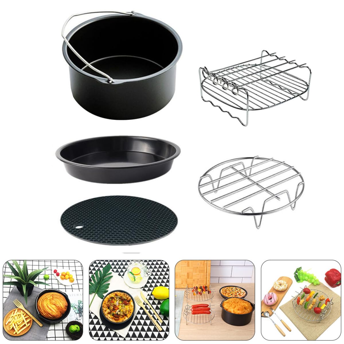 Angoily 5 Stück Zubehör für Heißluftfritteuse aus Edelstahl Einfach zu Reinigen und Bedienen Inklusive Backkorb Grillrost und Pizzapfanne für Vielseitiges Kochen
