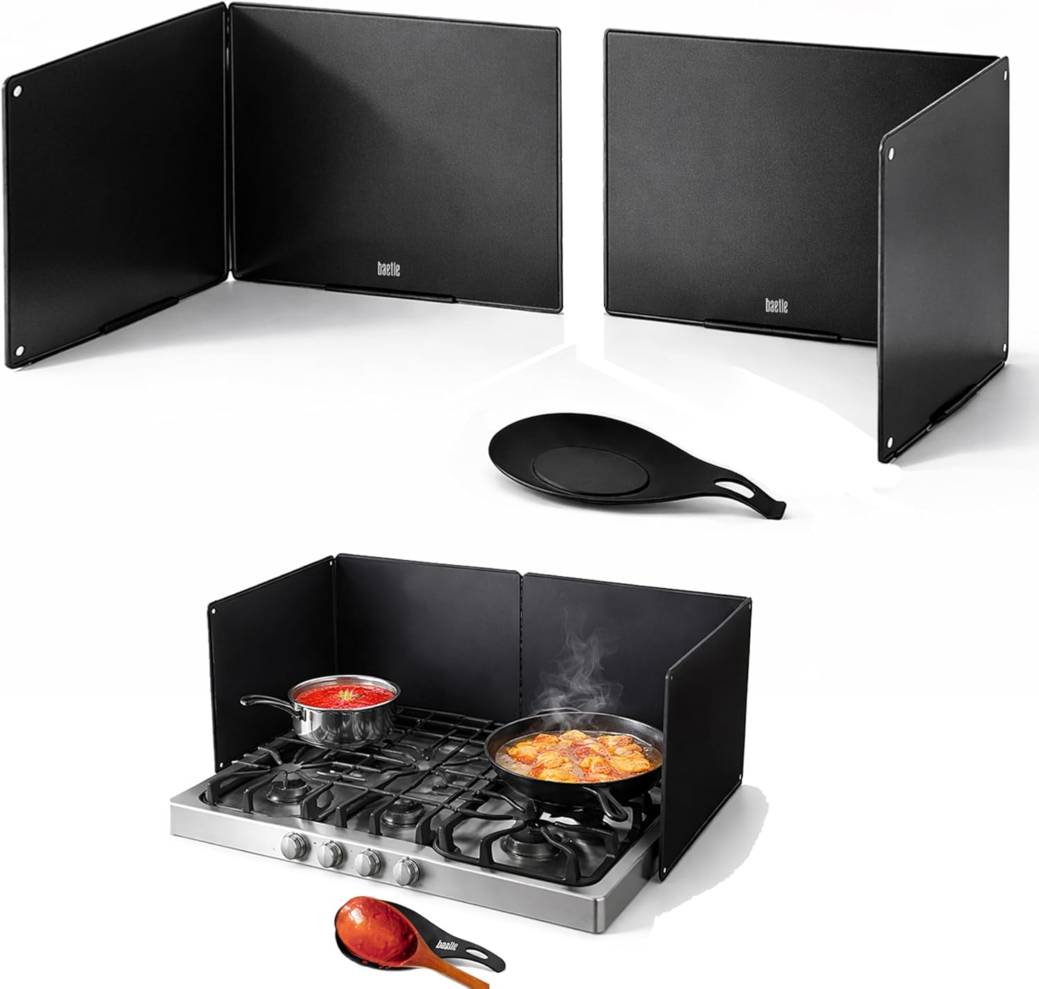 Extra-Large 2-Piece Splatter Guard (15.7” x 15.7”), Heavy-Duty, Commercial-Quality Stainless Steel Oil Splash Shield with Foldable 2-Panel Design & Silicone Spoon Rest by Baetle