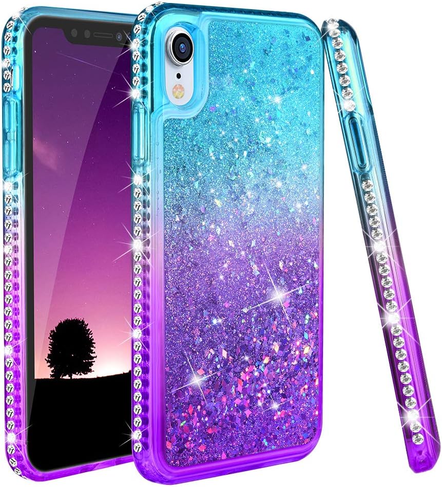 Ruky iPhone XR Case, Colorful Quicksand Series Glitter Flowing Liquid Floating Bling Diamond Rhinestone Soft TPU Girls Women Phone Case for iPhone XR 6.1 inches (2018) (Teal Purple)