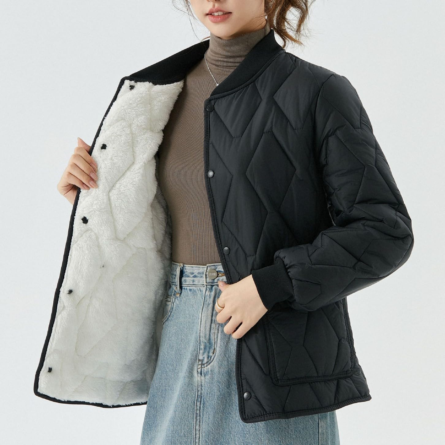 Women's Diamond Quilted Padded Jacket,Lightweight Crewneck Buttons Puffer Jacket,Casual Warm Thickened Coat with Pockets