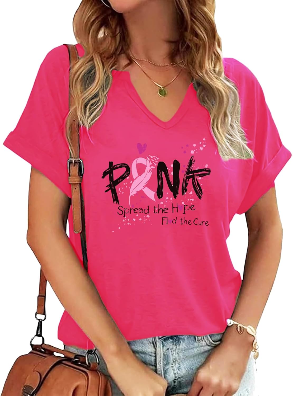 Breast Cancer Awareness Shirt Pink Ribbon Breast Cancer Support Squad Tshirts Cancer Survivor V-Neck Tops