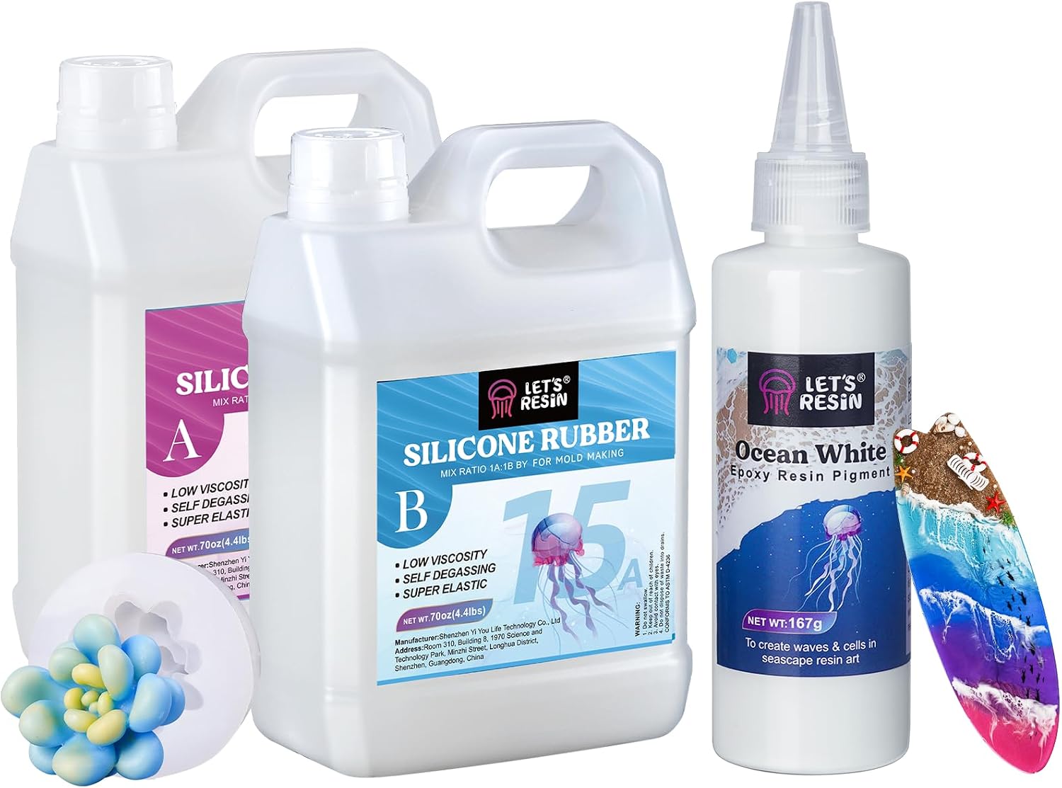 Bundle Set of LET'S RESIN Silicone Mold Making Kit and Ocean White Epoxy Resin Pigment