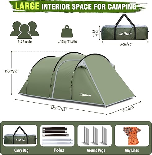 Miniatura 5 de Chihee Tiendas de campaña tipo túnel para 4 personas, tiendas familiares con 2 puertas, refugio extra grande resistente a la intemperie para 4