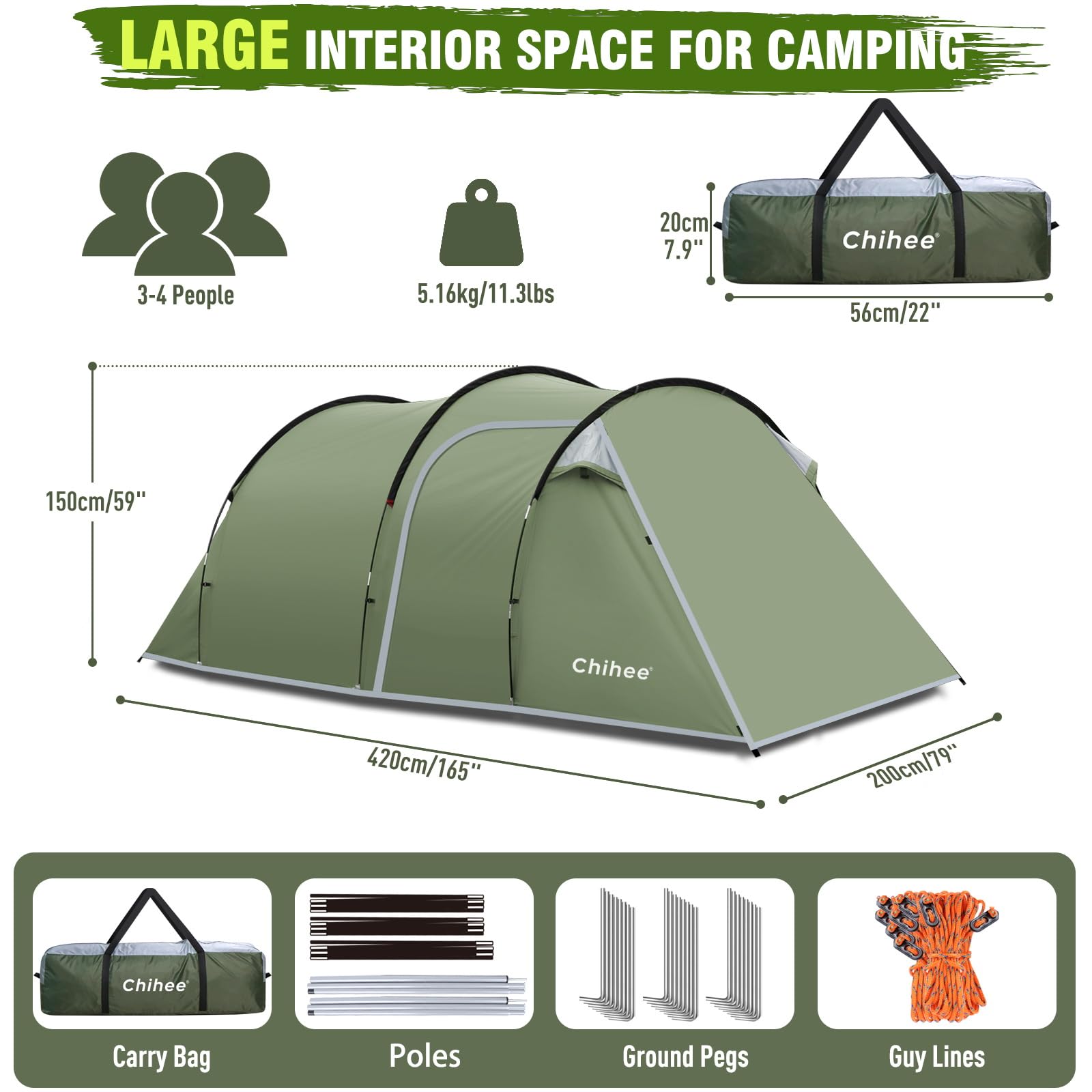 Chihee Camping Zelte Tunnelzelt 4 Personen Familienzelt mit 2 Türen Wetterfestes Zelt 4 Jahreszeiten Zelte mit abgeschirmter Veranda Raum Markise Include Rainfly Tragetasche für Reisen Outdoor Wandern