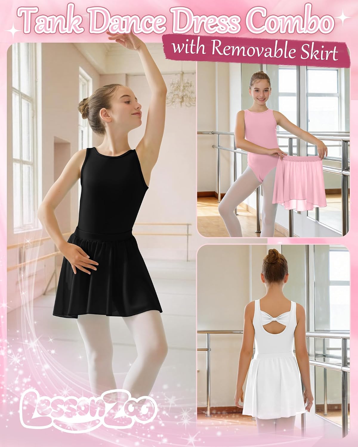 3 Pack Girl's Ballet Leotards Stretchy Sleeveless Dress Outfit Bow Back Tank Dance Dress Combo with Removable Skirt(Black, White, Ballet Pink,2-4t)