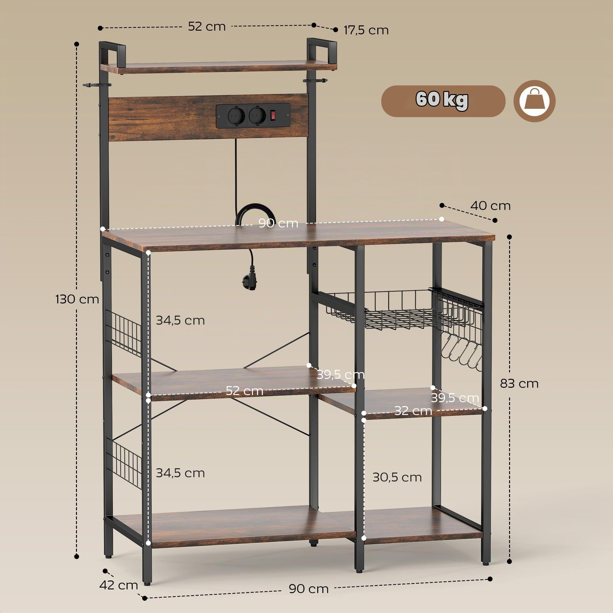HOMCOM Küchenregal mit 2 Steckdosen mit Korb 90 x 42 x 130cm Rustikal-Braun