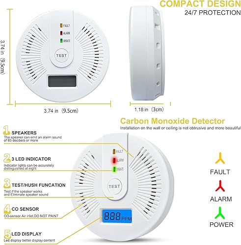 Miniatura 3 de Detector de monóxido de carbono, batería reemplazable, monitor de gas CO, detector de alarma con pantalla LCD digital y advertencia de sonido para